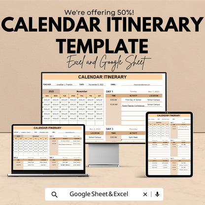 Calendar Itinerary Template | Excel and Google Sheets Planner | Event Schedule Organizer | Daily Travel Itinerary | Trip Plan Schedule Sheet