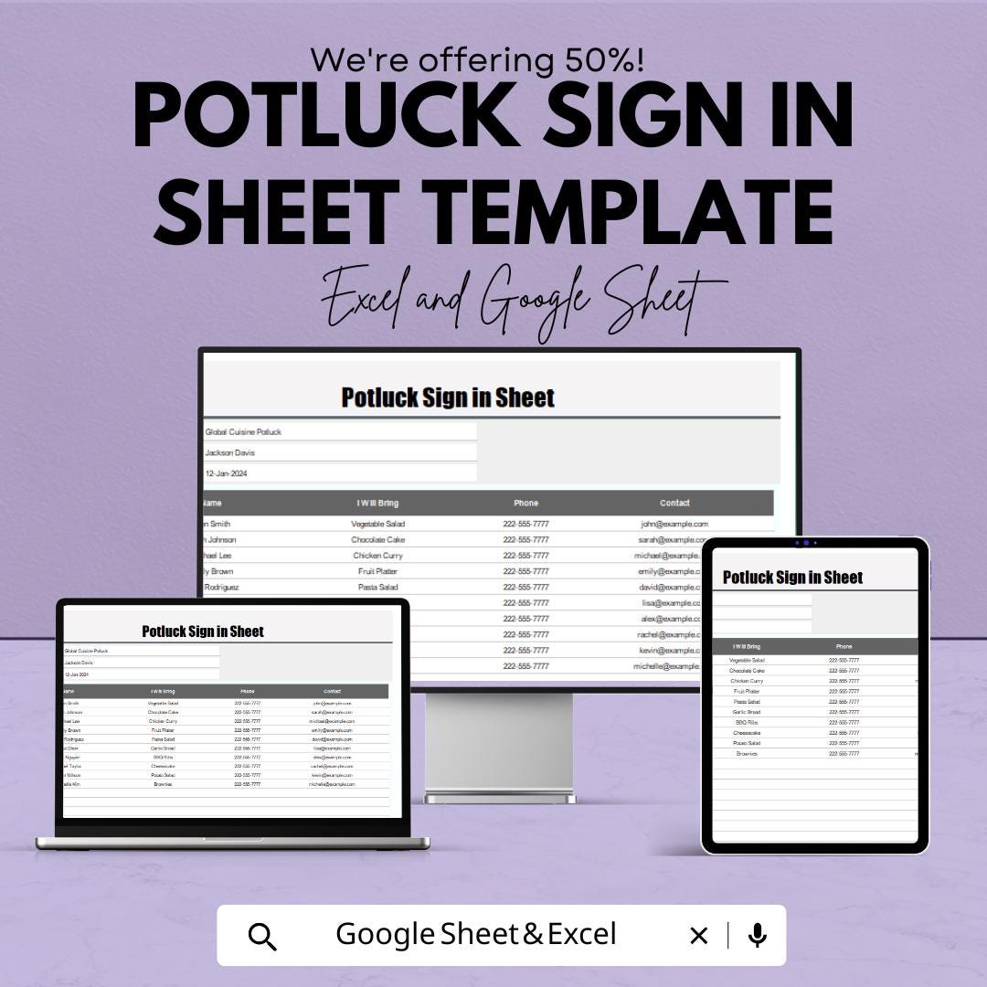 Potluck Sign In Sheet Template for Excel AND Google Sheets | Editable Food List Tracker | Event Signup & Meal Planner