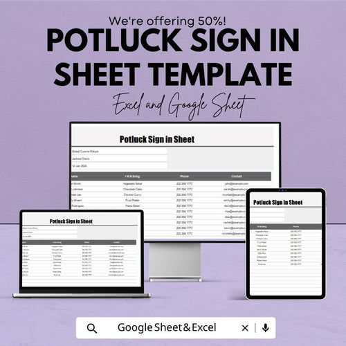 Potluck Sign In Sheet Template for Excel AND Google Sheets | Editable Food List Tracker | Event Signup & Meal Planner