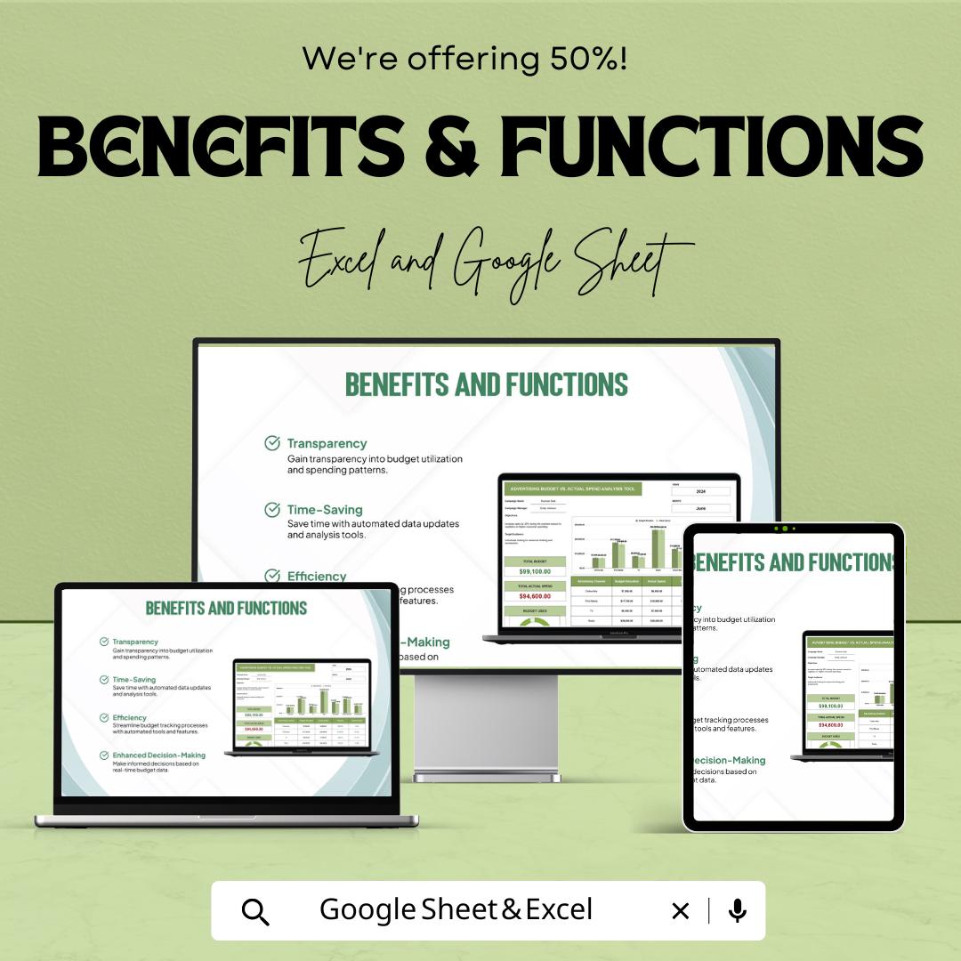 Advertising Budget vs Actual Spend Analysis Tool Template | Google Sheets | Marketing Budget Tracker | Ad Spend Analysis Spreadsheet |