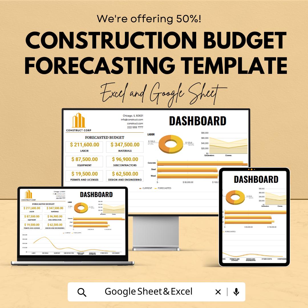 Construction Budget Forecasting Template | Construction Budget Spreadsheet | Contractor Budget Planner | Project Cost Estimator Dashboard