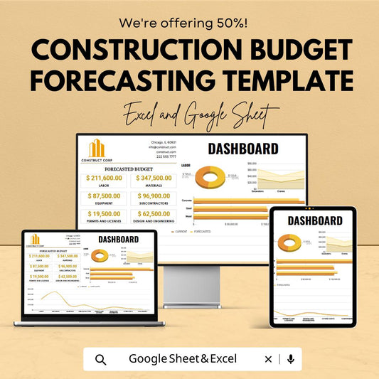 Construction Budget Forecasting Template | Construction Budget Spreadsheet | Contractor Budget Planner | Project Cost Estimator Dashboard