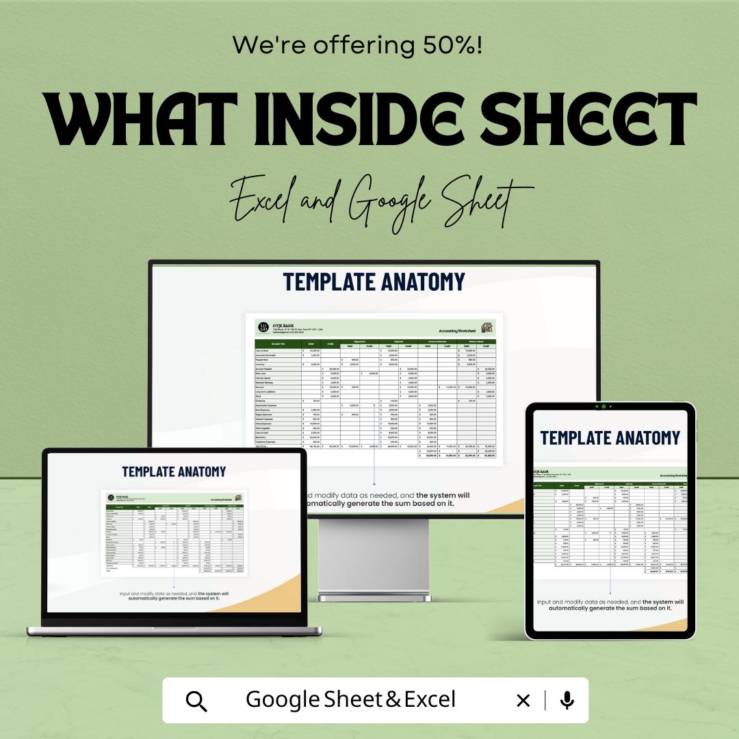Accounting Worksheet Template | Excel and Google Sheets | Financial Analysis, Data Entry, Adjusted Trial Balance, Ledger & Reporting Tool