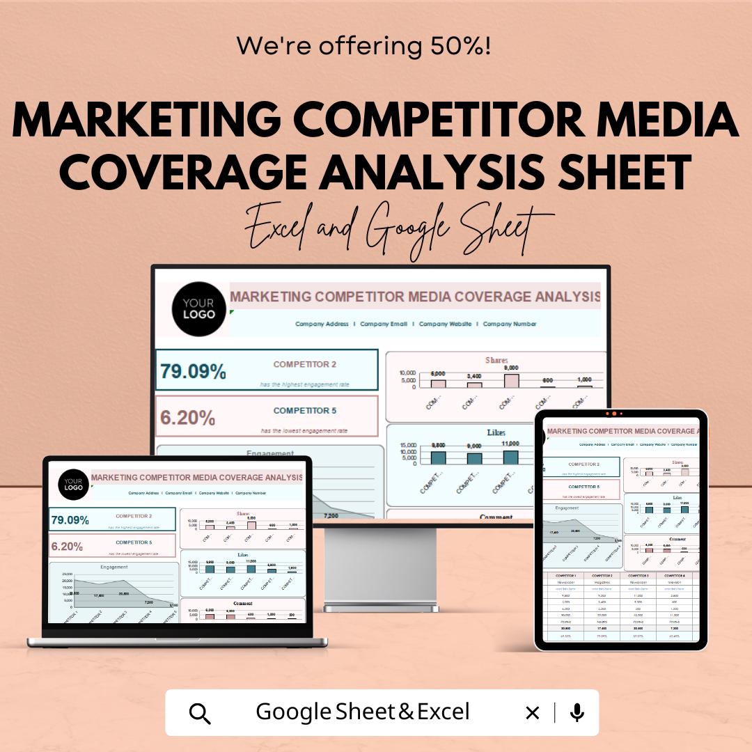 Marketing Competitor Media Coverage Analysis Sheet | Google Sheets  | Media Tracking and Competitor Analysis | ROI and Engagement Metrics