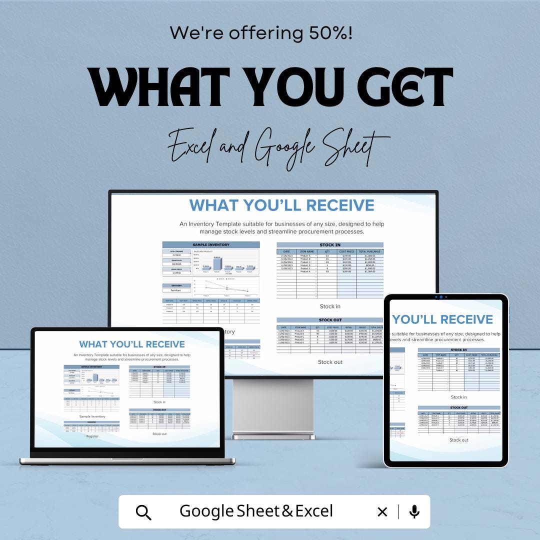 Sample Inventory Template | Excel & Google Sheets | Inventory Tracker | Stock Management | Sales Dashboard | Editable Business Spreadsheet