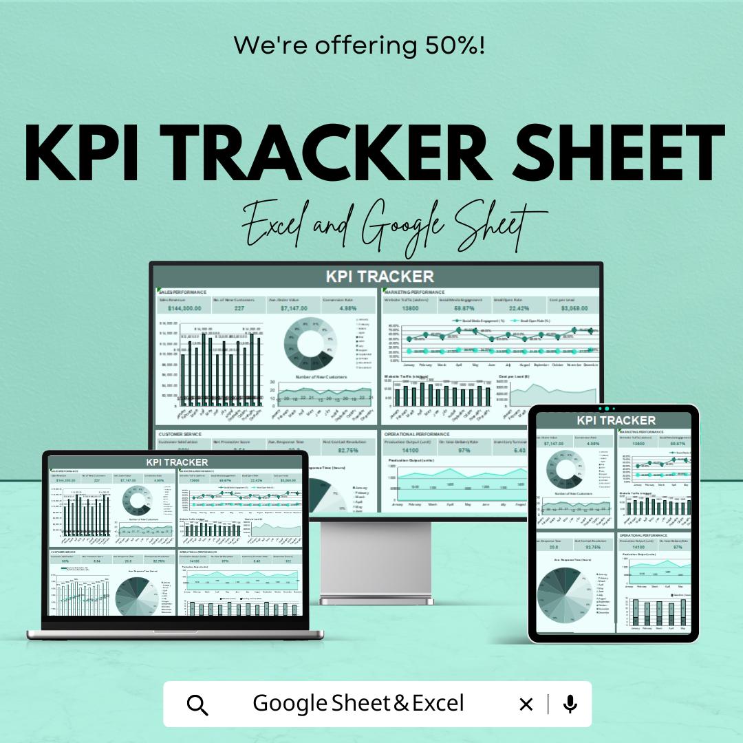 KPI Tracker Sheet | Google Sheets & Excel | Sales, Marketing and Operations Performance Tracking | Business Metrics Dashboard |