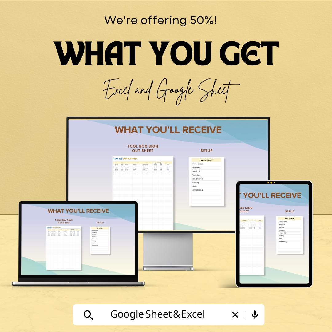Tool Box Sign Out Sheet – Google Sheets Template – Track Equipment Check-Out for Teams and Departments – Printable Work Log for Tools