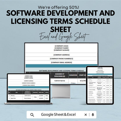 Software Development and Licensing Terms Schedule Sheet - Excel & Google Sheets Template - Project Management Tracker - 50% Off -