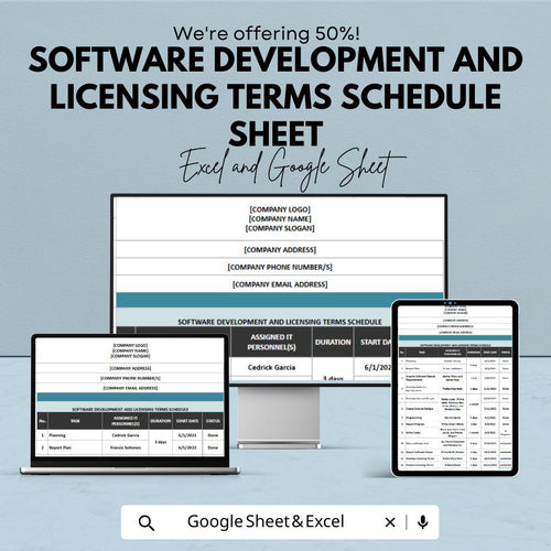 Software Development and Licensing Terms Schedule Sheet - Excel & Google Sheets Template - Project Management Tracker - 50% Off -