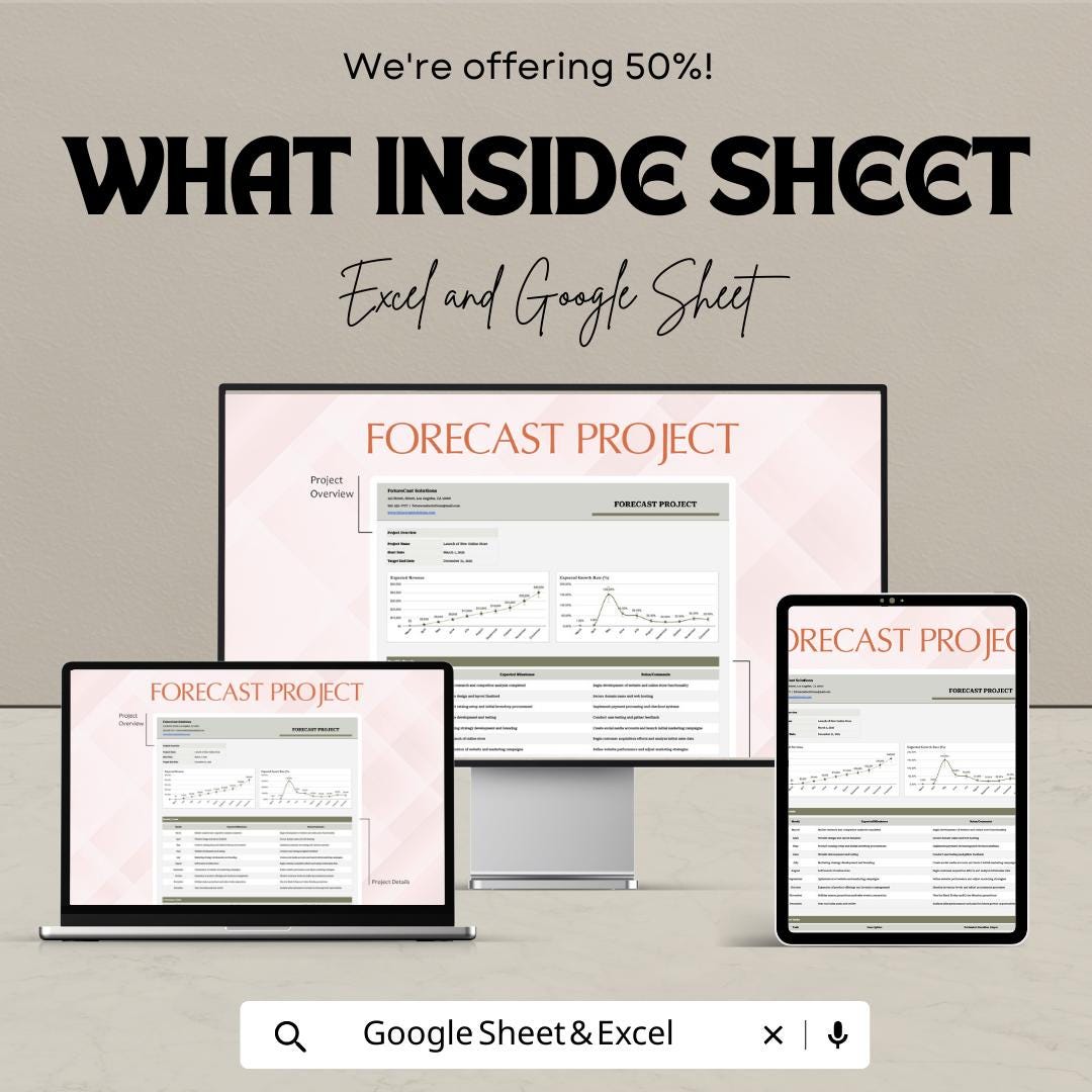 Forecast Project Template, Project Forecast Spreadsheet, Financial Projection Template,  Business Forecast Planner, Revenue Planning Tool