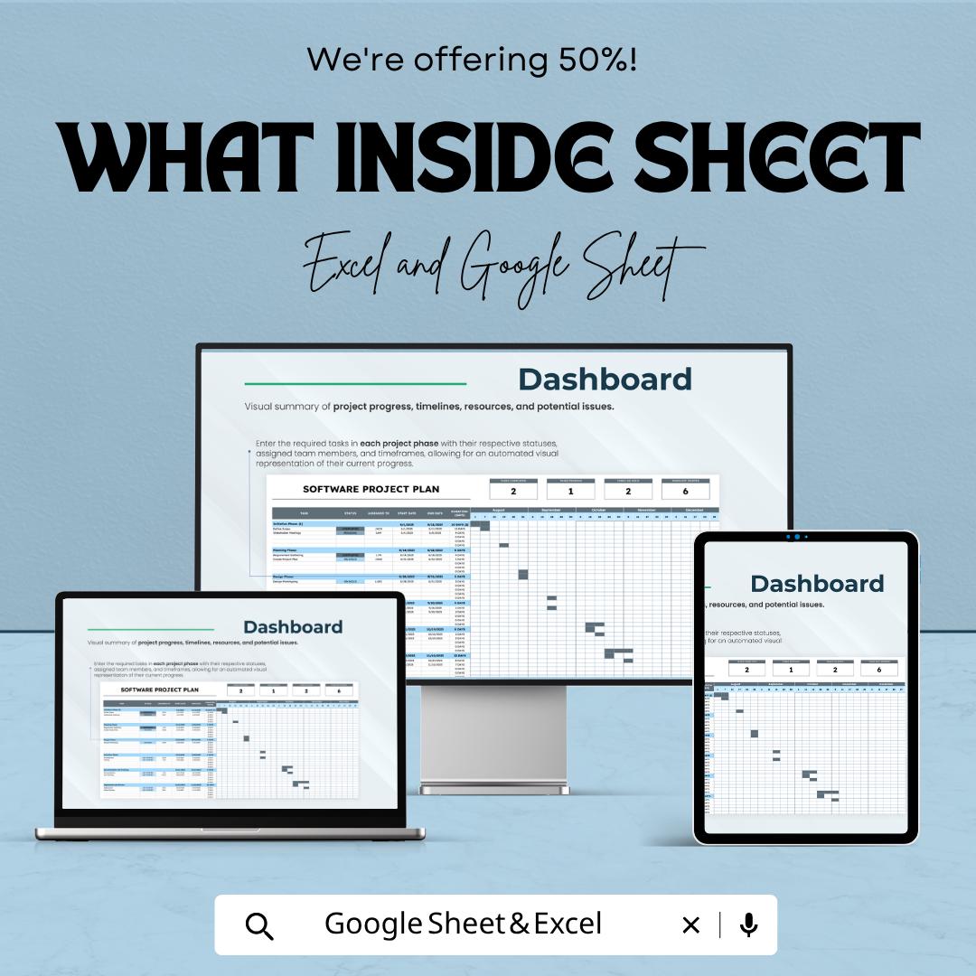 Software Project Plan Template | Project Management Spreadsheet | Gantt Chart Planner | Excel & Google Sheets | Task Tracker Dashboard