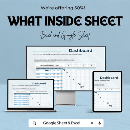 Software Project Plan Template | Project Management Spreadsheet | Gantt Chart Planner | Excel & Google Sheets | Task Tracker Dashboard