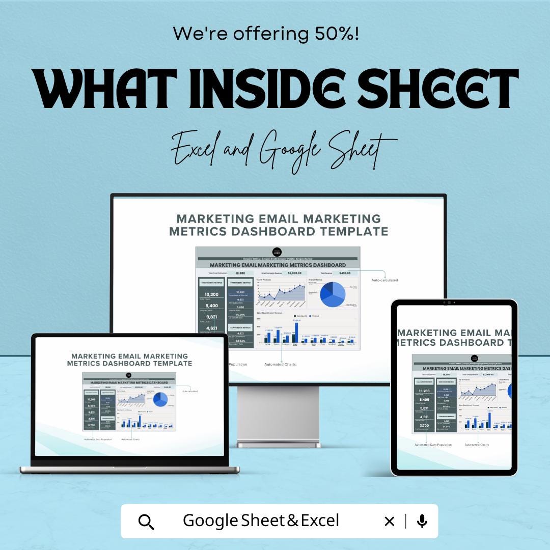 Email Marketing Dashboard Template | Google Sheets and Excel | Campaign Tracker , Open Rate & CTR Analytics, Sales Report