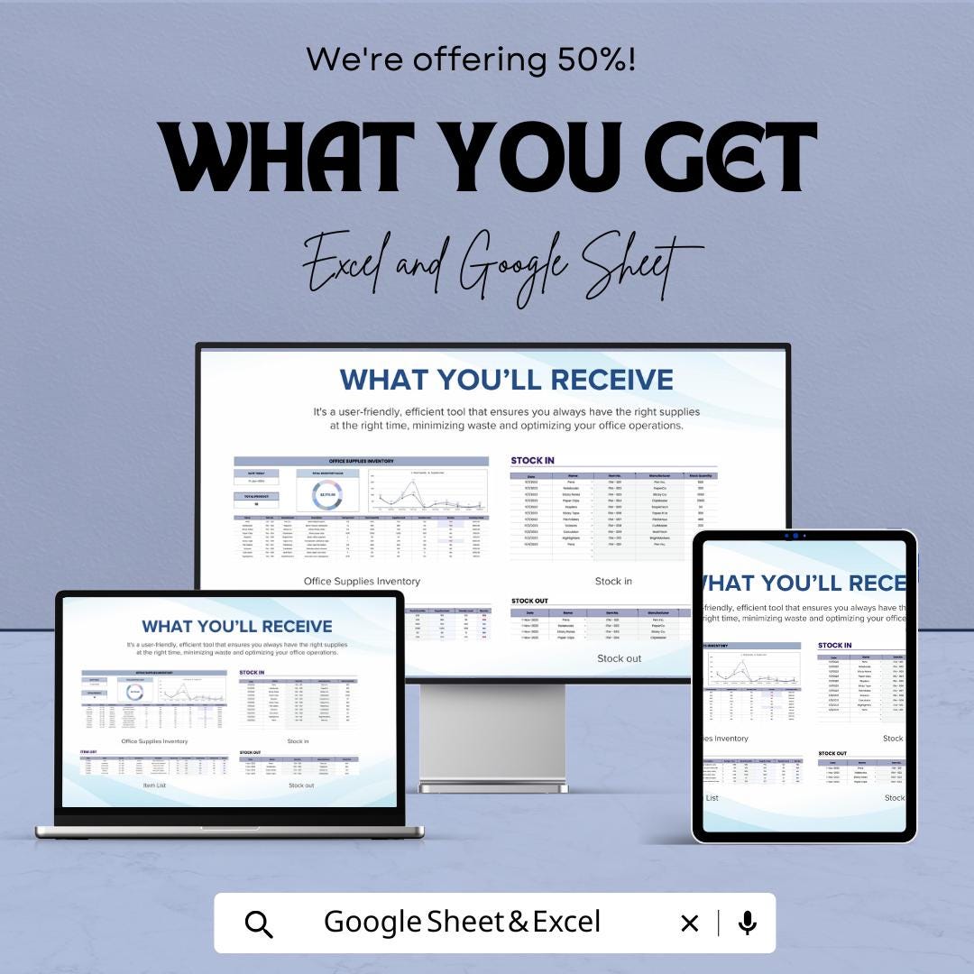 Office Supplies Inventory Dashboard | Google Sheets & Excel | Track Stock, Manage Office Supplies Efficiently | Budgeting Tool