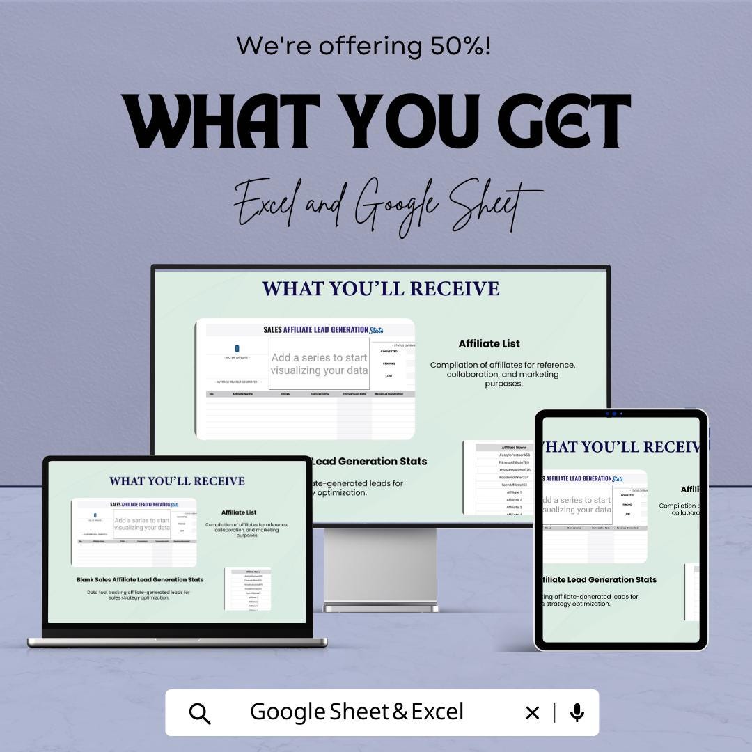 Sales Affiliate Lead Generation Stats Template | Conversion Tracking Dashboard | Affiliate Performance Report | Excel & Google Sheets