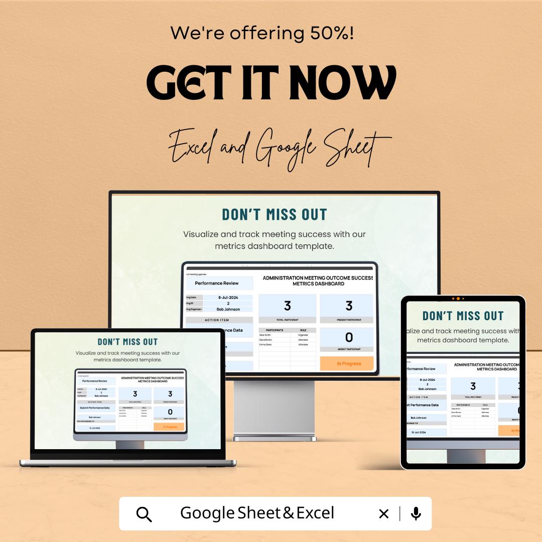 Administration Meeting Outcome Success Metrics Dashboard – Excel & Google Sheets Template for Meeting Tracking