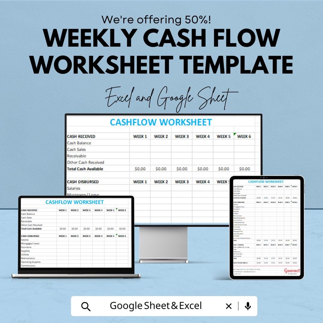 Weekly Cash Flow Worksheet Template | Cashflow Tracker | Business Budget Planner | Excel & Google Sheets | Financial Planning Spreadsheet