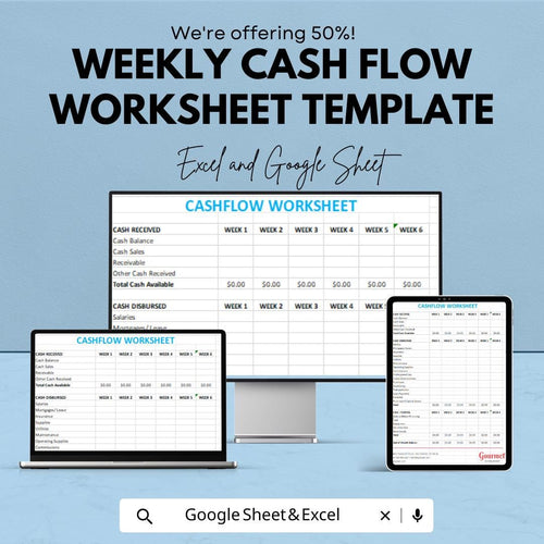 Weekly Cash Flow Worksheet Template | Cashflow Tracker | Business Budget Planner | Excel & Google Sheets | Financial Planning Spreadsheet
