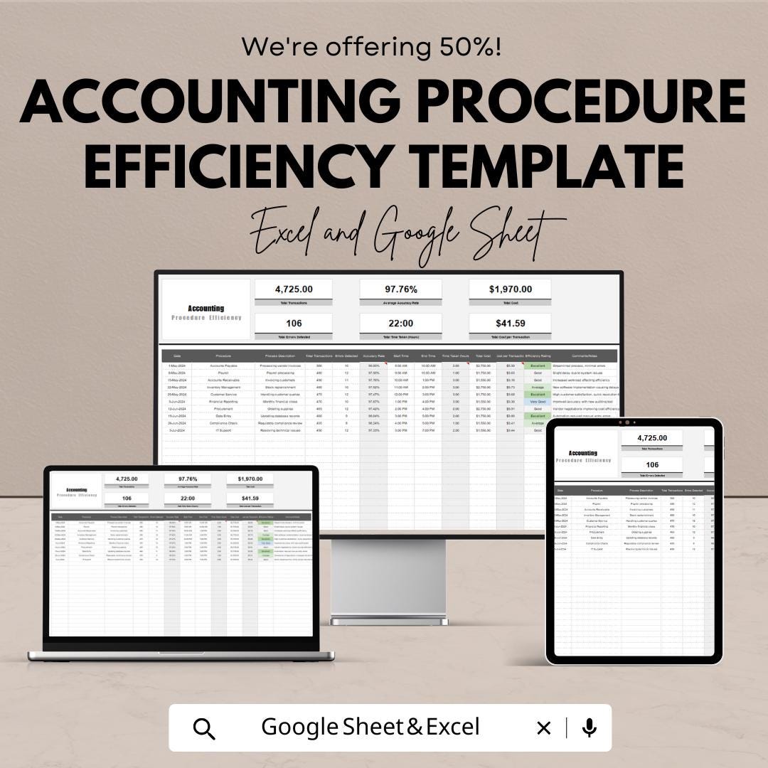 Accounting Procedure Efficiency Template | Excel & Google Sheets | Accounting Process Tracker | Financial Efficiency Spreadsheet