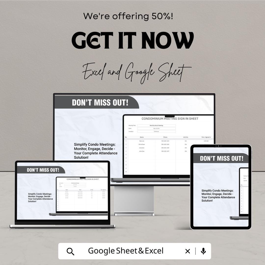 Condominium Meeting Sign In Sheet Template | GCondo Board Attendance Log | HOA Meeting Sign In Form