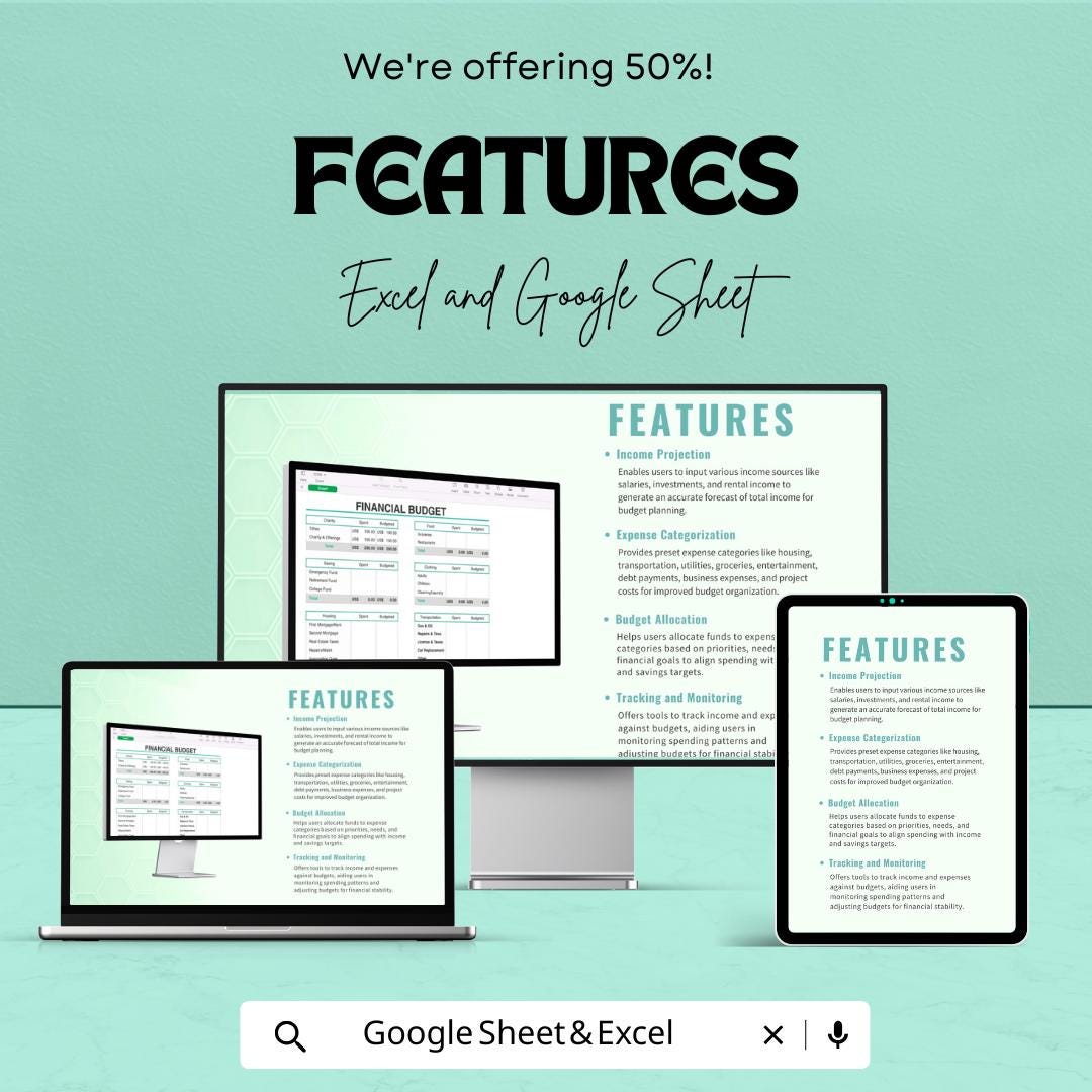 Financial Budget Template | Monthly Budget Planner | Expense Tracker | Excel and Google Sheets Budget Template | Personal Finance Organizer