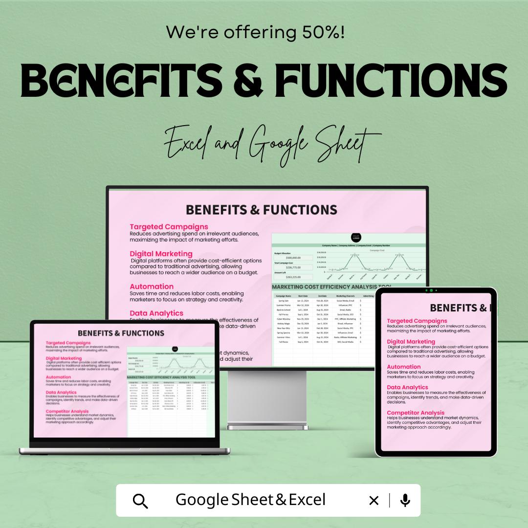Marketing Cost Efficiency Analysis Tool Sheet | Marketing Budget Tracker | Excel & Google Sheets | Cost Optimization Tool