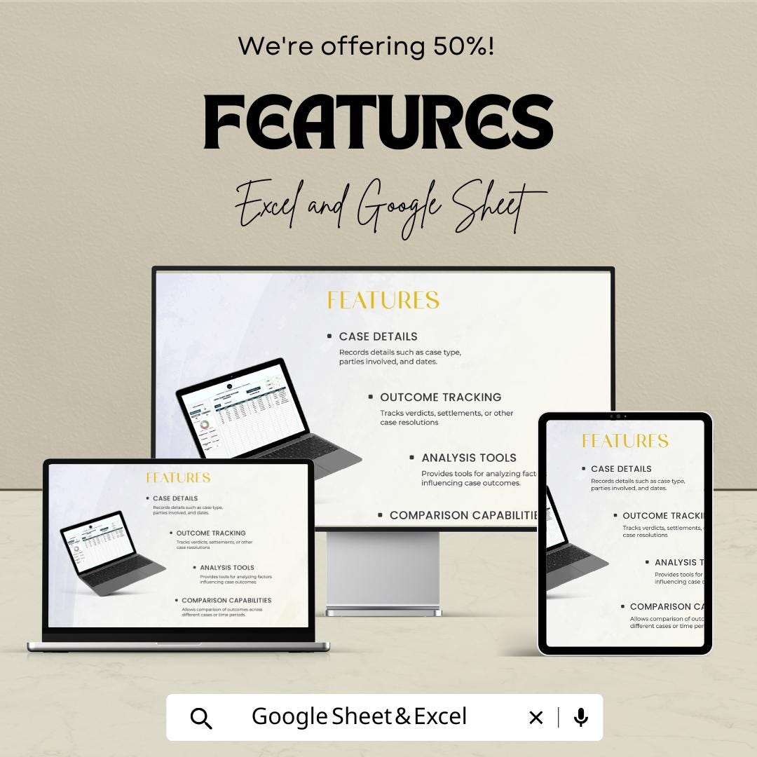 Legal Client Case Outcome Analysis Sheet | Google Sheets | Track Legal Cases & Client Outcomes | Data Analytics Template for Law Firms