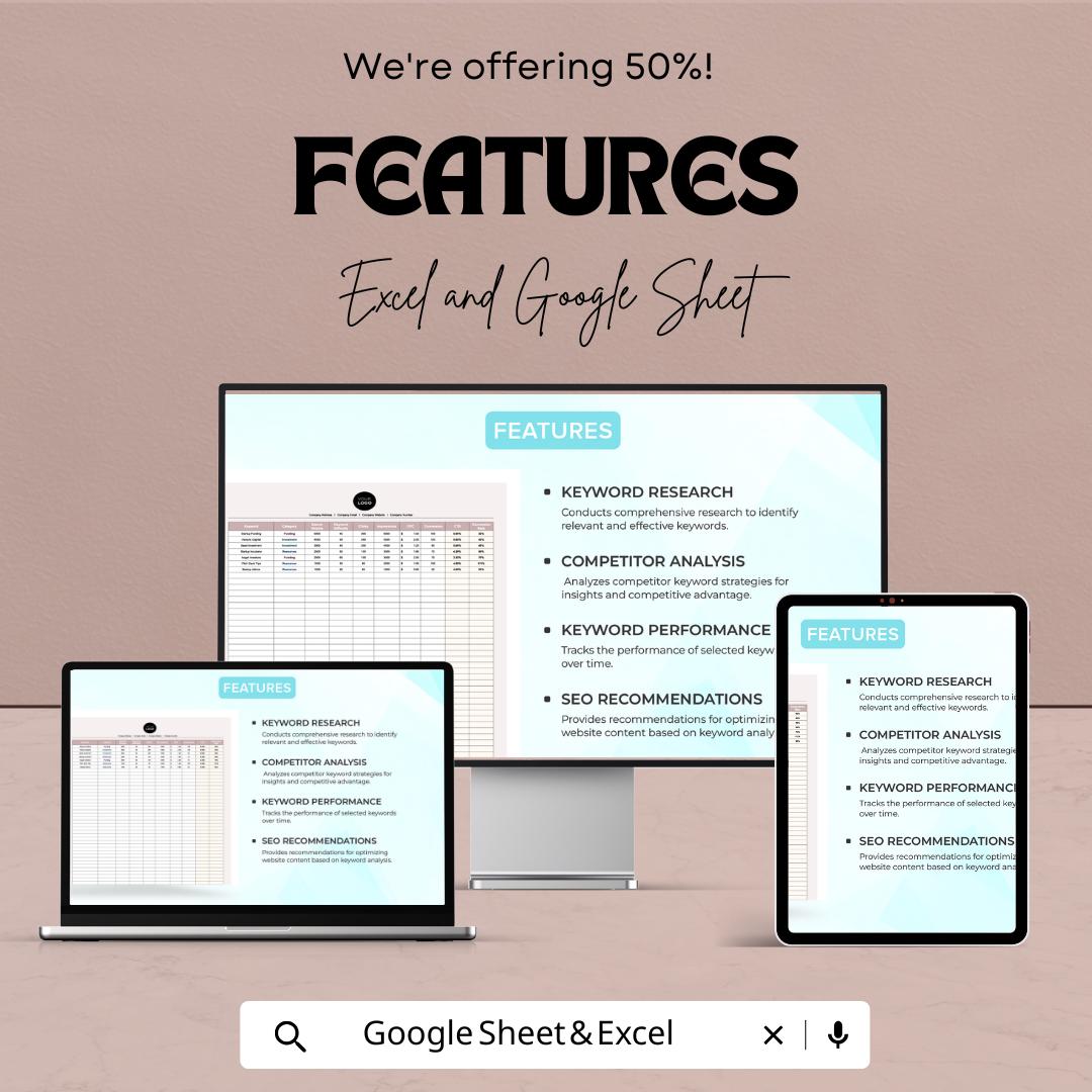 Startup SEO Keywords Analysis Sheet | Excel & Google Sheet Template for Keyword Tracking, SEO Performance and Marketing Analysis