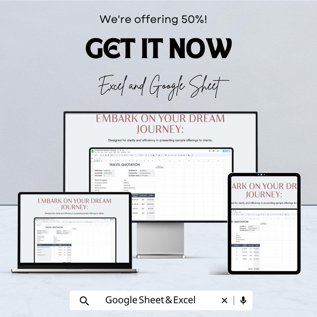 Sample Travel Quotation Sheet – Customizable Excel & Google Sheets Template for Travel Pricing and Booking – 50% OFF