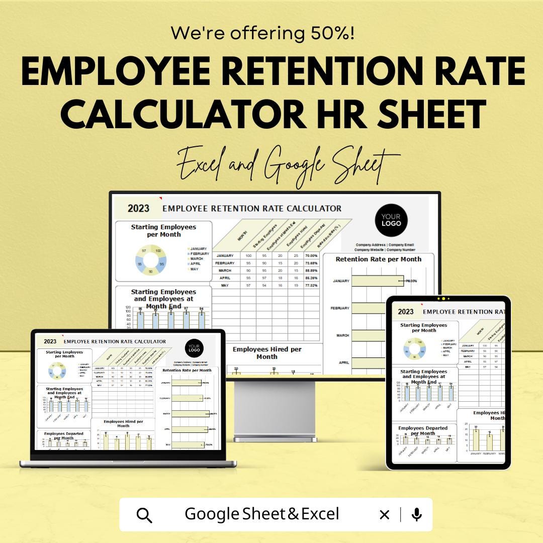 Employee Retention Rate Calculator HR Sheet | Excel and Google Sheets Template | Employee Tracking & Retention Data | Customizable HR