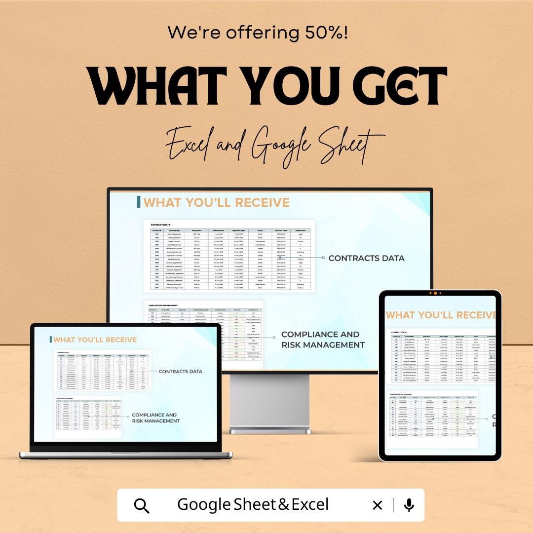 Legal Contract Management Dashboard - Google Sheet Template - Track Contracts, Manage Compliance & Risk - Editable and Customizable