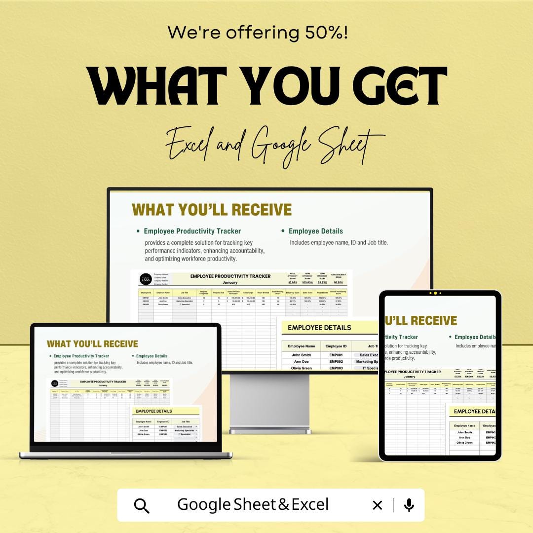 Employee Productivity Tracker HR Template - Excel & Google Sheets, Boost Team Efficiency, Performance Metrics, HR Management Tool