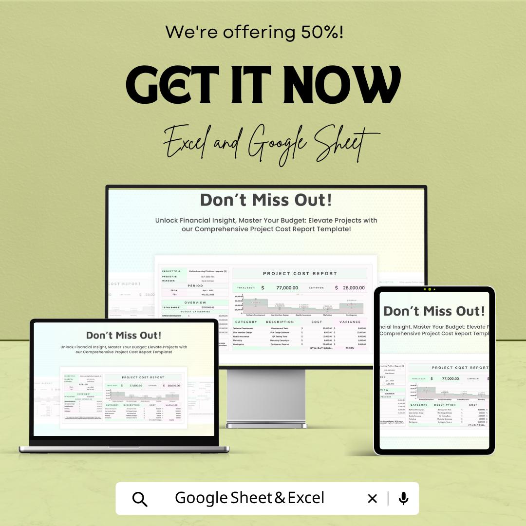 Project Cost Report Template | Budget Tracking Spreadsheet | Expense Management Report | Financial Analysis Dashboard |