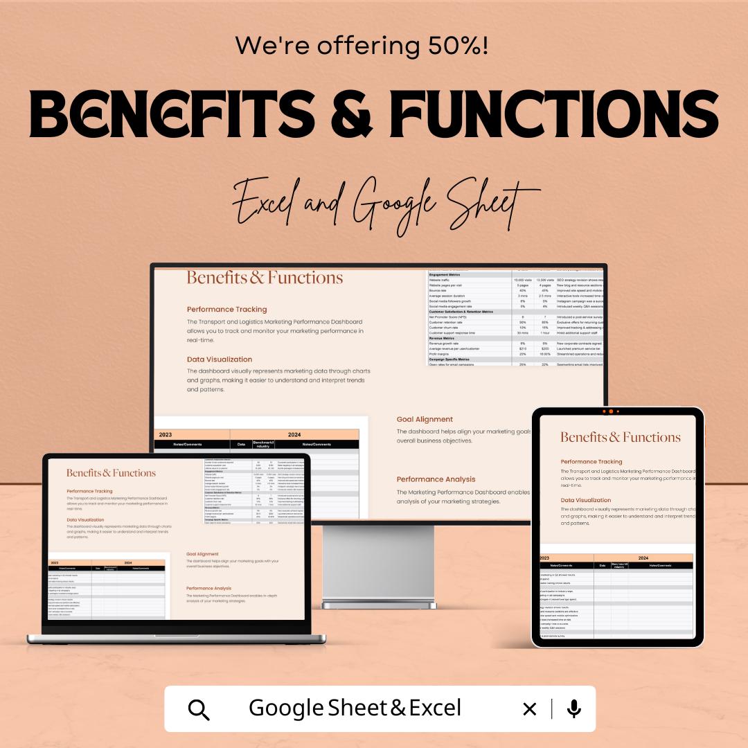 Transport and Logistics Marketing Performance Dashboard Template | KPI Tracking Spreadsheet | Customer Acquisition & Engagement Metrics