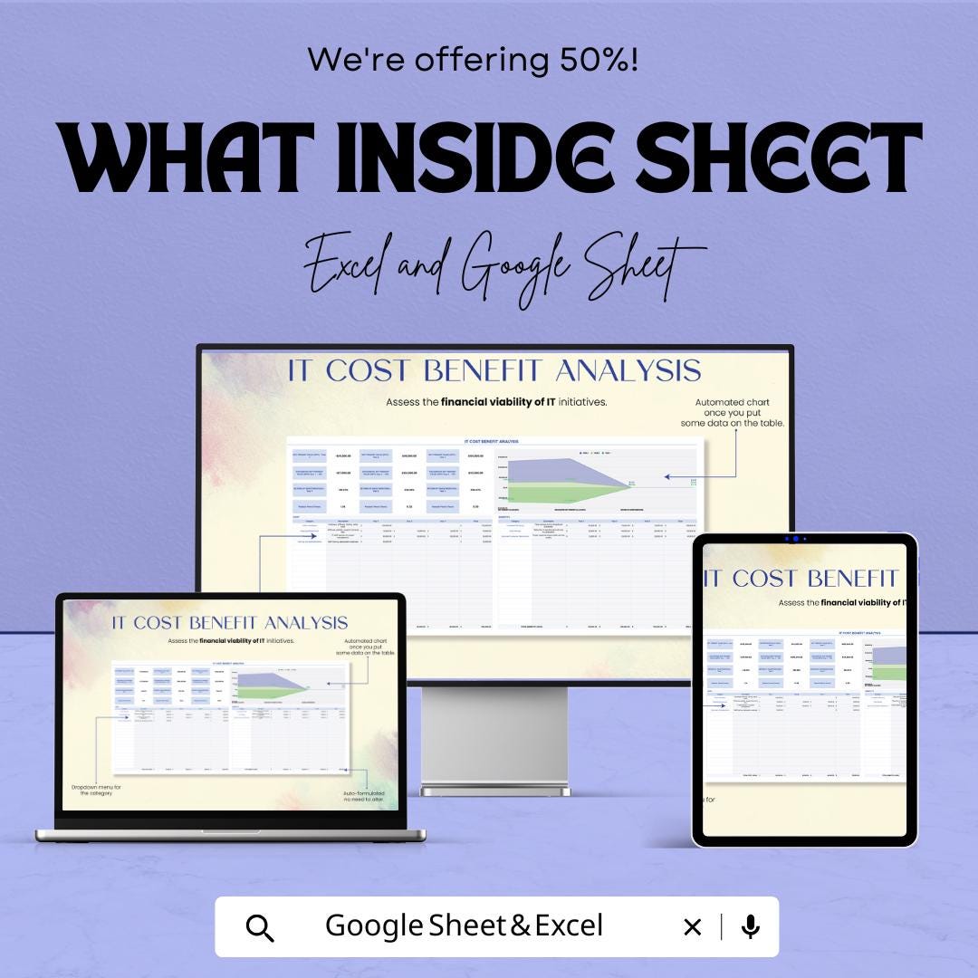 IT Cost Benefit Analysis Template | Google Sheets & Excel Financial Model | Project ROI Calculator | Business Cost Benefit Spreadsheet