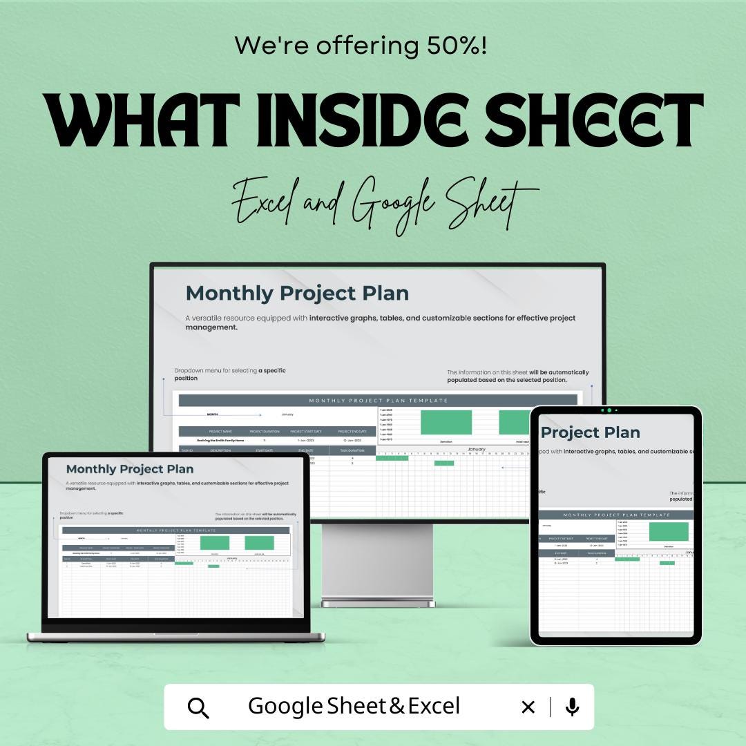 Monthly Project Plan Template | Project Management Spreadsheet | Gantt Chart Task Tracker | Monthly Planner | Productivity Planning Tool