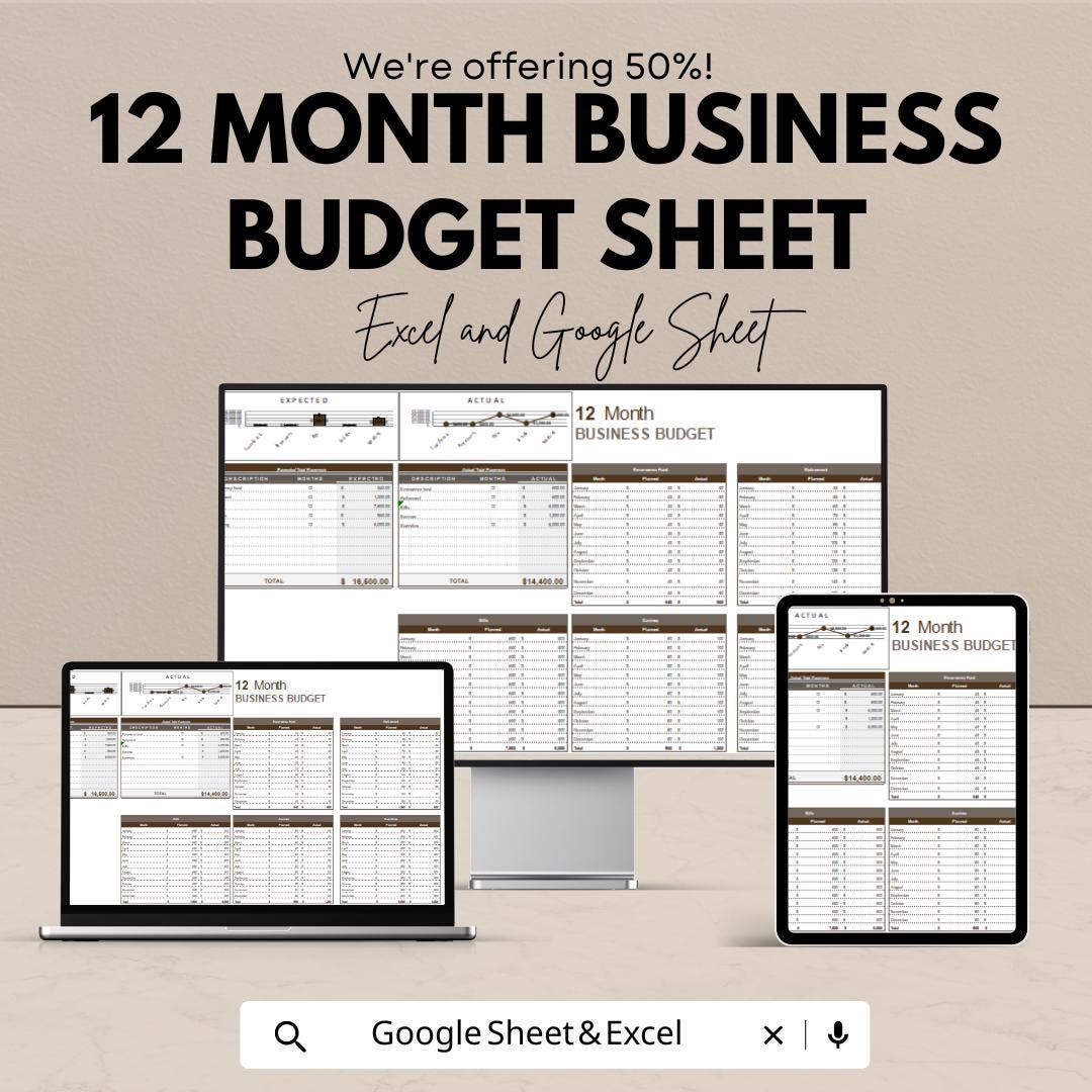 12 Month Business Budget Sheet | Excel and Google Sheets | Budget Planning & Expense Tracking Template | Finance Management Tool