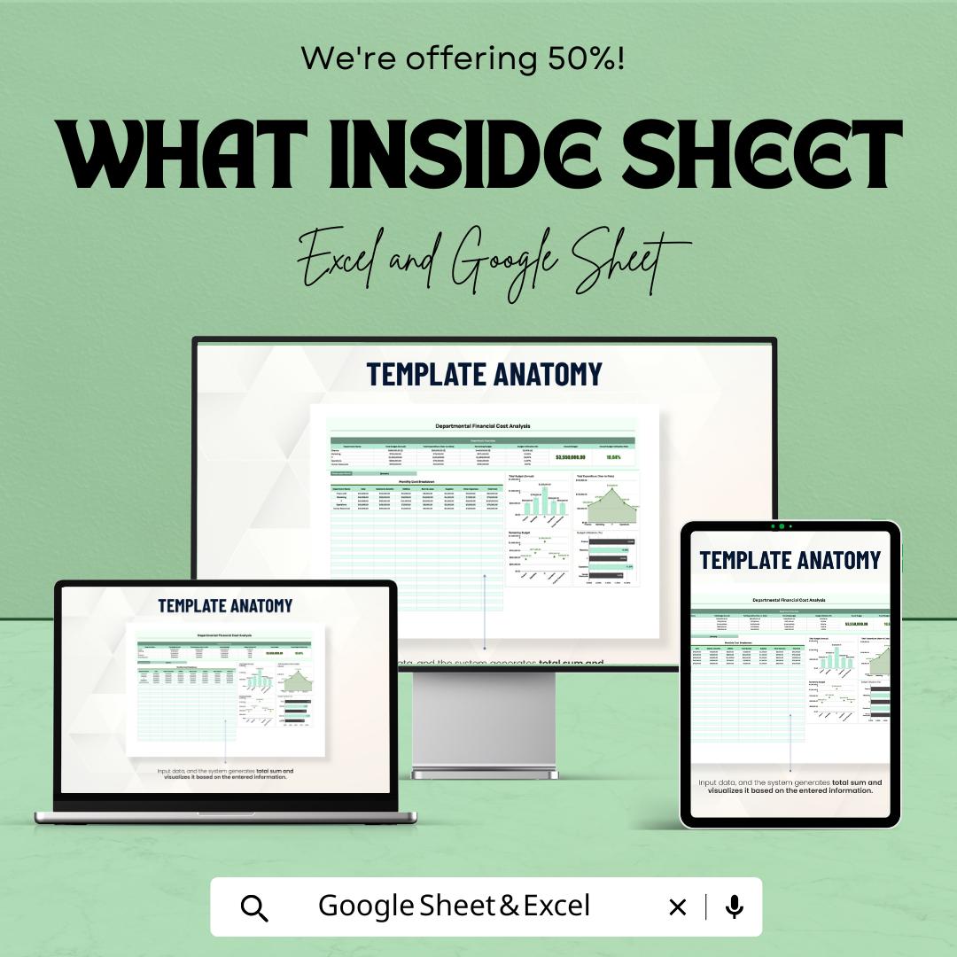 Departmental Financial Cost Analysis Template | Budget Analysis Spreadsheet | Cost Breakdown, Benefit Assessment and Summary Table