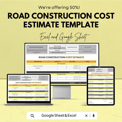 Road Construction Cost Estimate Template Excel Google Sheets | Construction Estimate Spreadsheet | Project Cost Calculator |