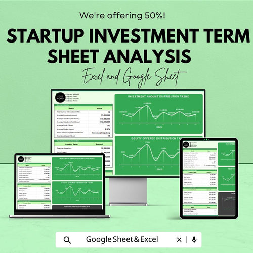 Startup Investment Term Sheet Analysis - Excel & Google Sheet Template for Investment Distribution, Equity Trends, and Financial Analysis