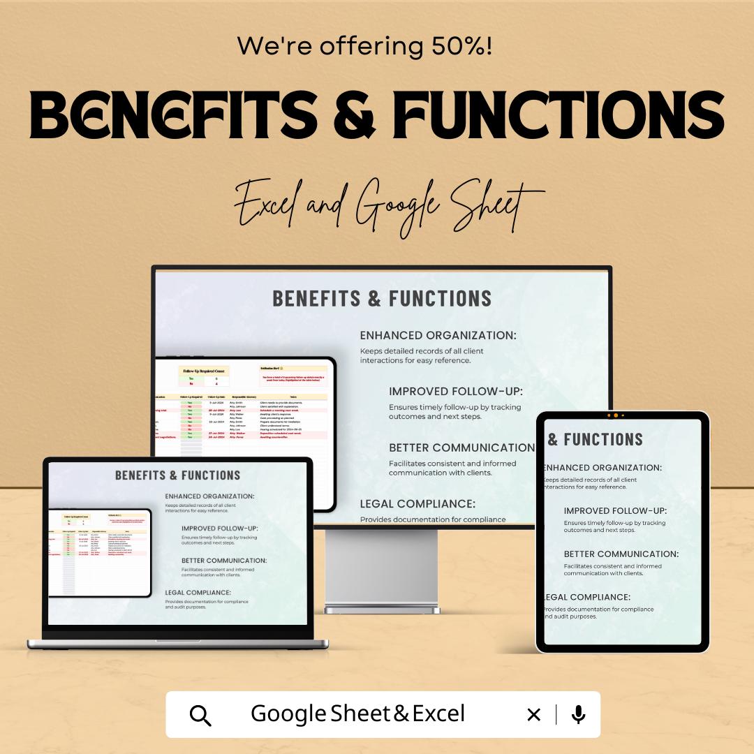 Legal Client Communication Log Template, Attorney Case Tracker, Law Office Spreadsheet, Excel & Google Sheets, Client Interaction Log