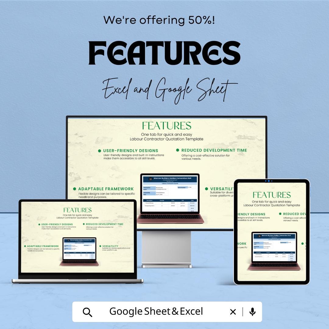Labour Contractor Quotation Sheet | Editable Excel & Google Sheets | Construction Estimate Template | Contractor Invoice | Instant Download