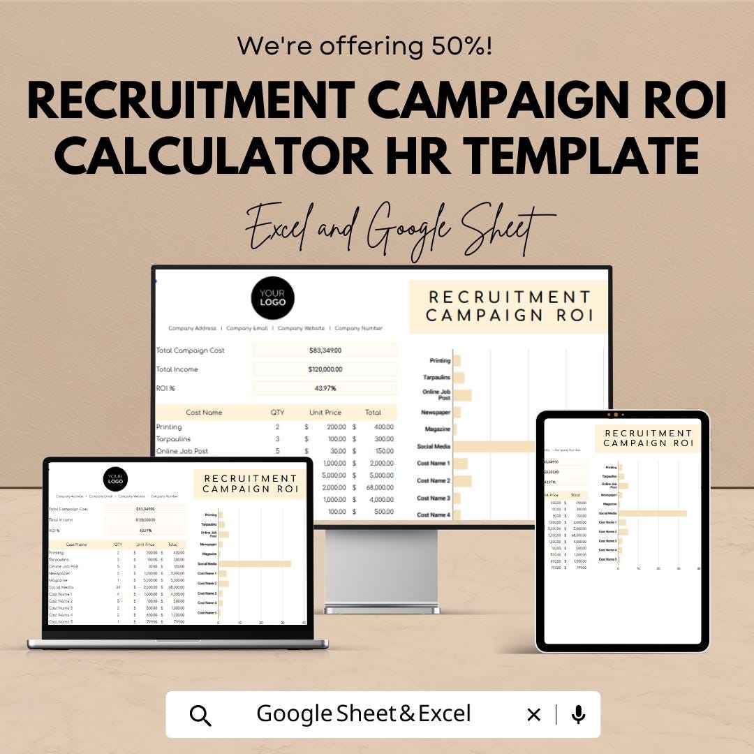 Recruitment Campaign ROI Calculator, HR Hiring Cost Template, Recruitment Budget Tracker, Hiring ROI Spreadsheet, Excel Google Sheets