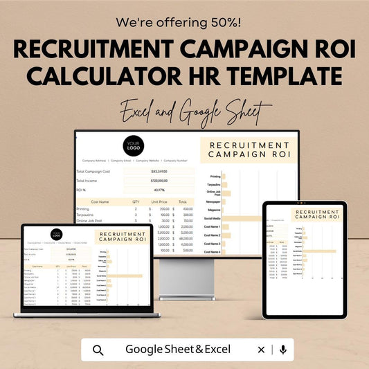 Recruitment Campaign ROI Calculator, HR Hiring Cost Template, Recruitment Budget Tracker, Hiring ROI Spreadsheet, Excel Google Sheets