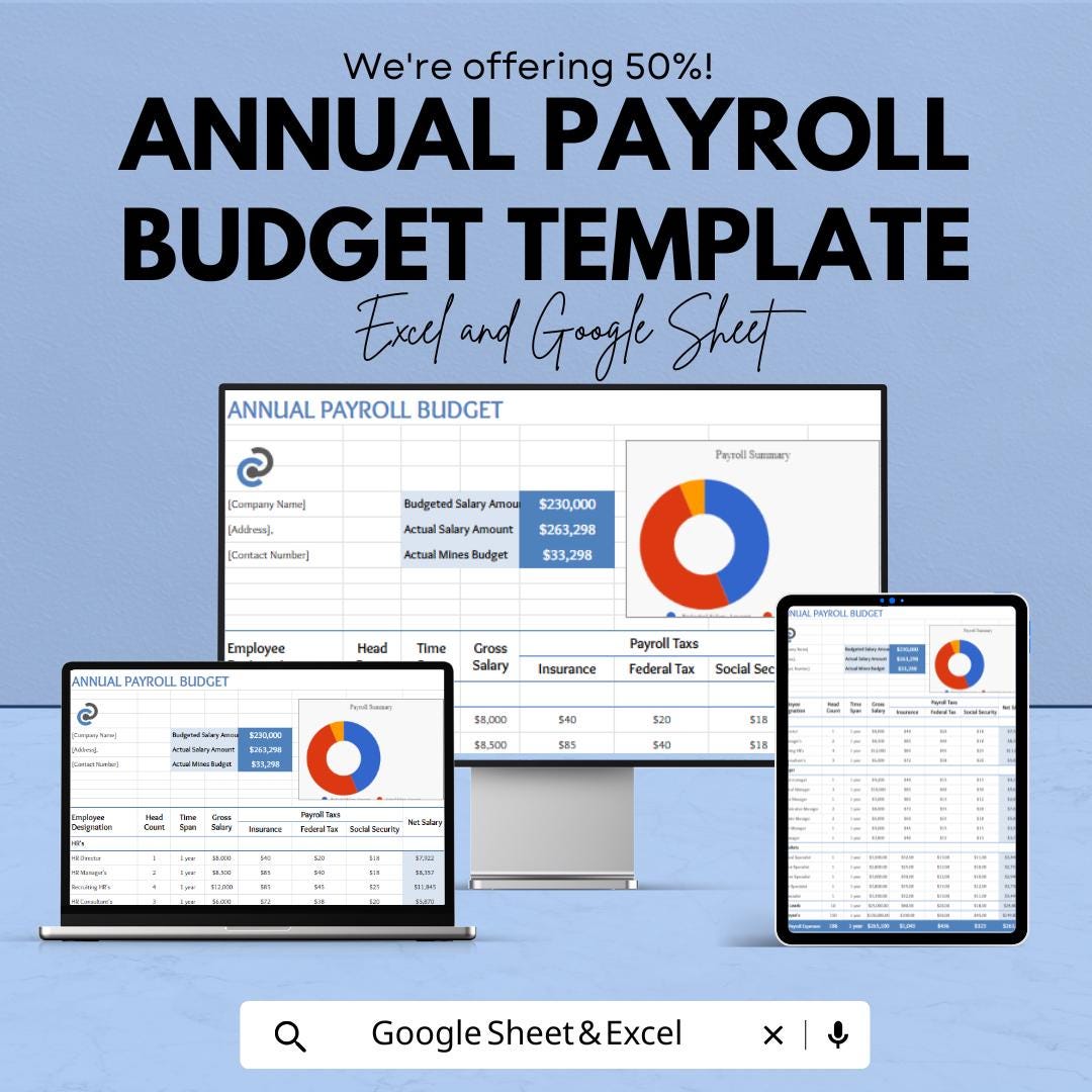 Annual Payroll Budget Template | Excel & Google Sheets | Employee Salary Planner | Payroll Expense Tracker | Business Budget Spreadsheet