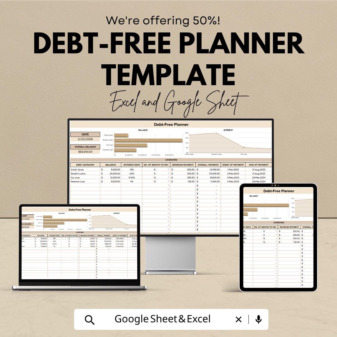 Debt Free Planner Spreadsheet | Debt Tracker | Debt Payoff Planner | Budget Spreadsheet | Excel & Google Sheets | Financial Planner