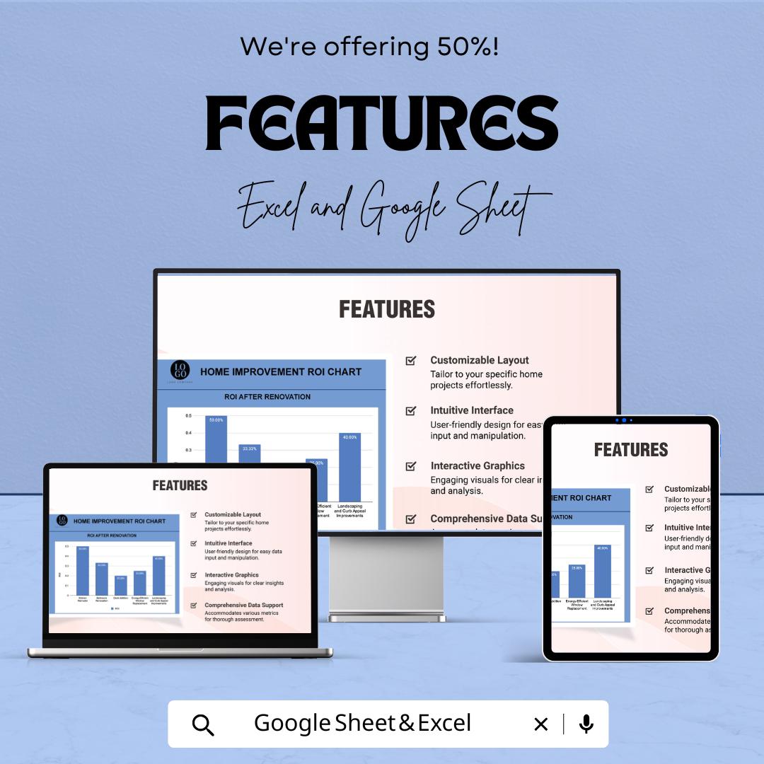 Home Improvement ROI Chart Sheet for Excel & Google Sheets - 50% Off - Track Your Renovation Returns