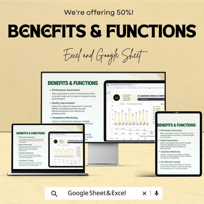 E-Learning Module Performance Metrics HR Template | Training Evaluation Dashboard | LMS Analytics Spreadsheet | Excel & Google Sheets