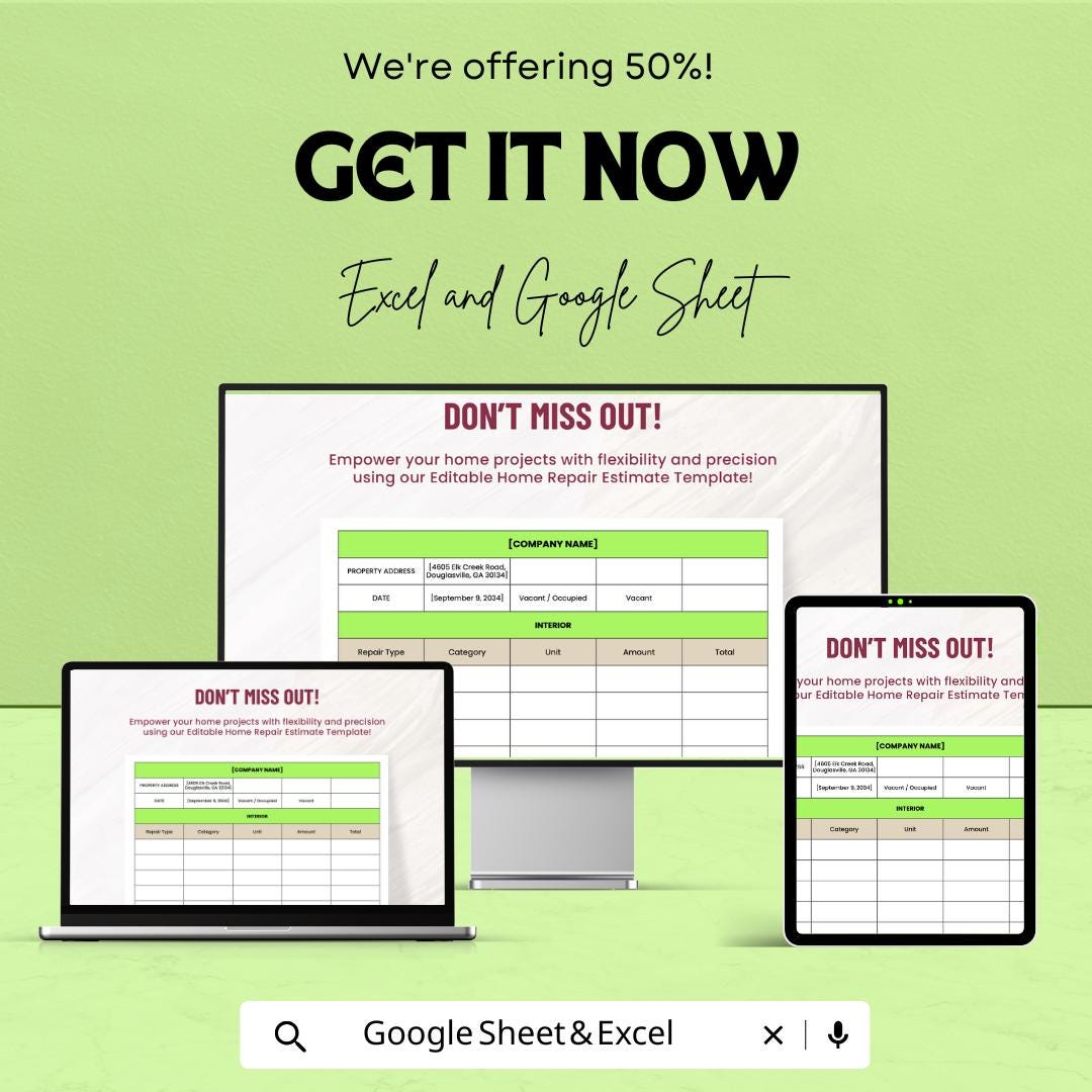 Editable Home Repair Estimate Sheet for Excel & Google Sheets – Customizable Template for Home Renovation Projects