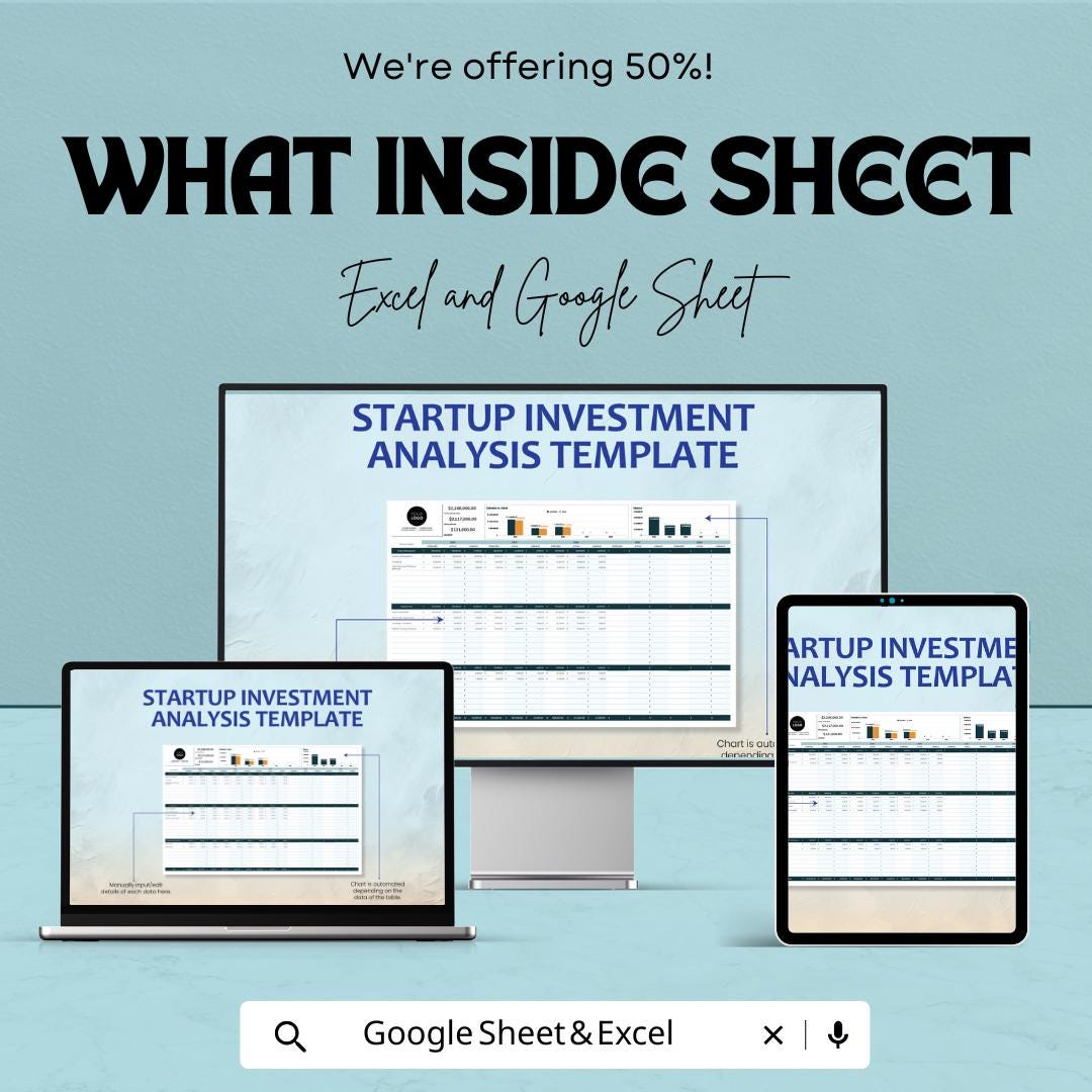 Startup Investment Analysis Template | Excel and Google Sheets | Investment Projection Spreadsheet | Startup Financial Model |